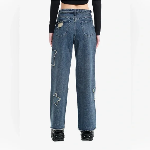 Hot Topic Women’s Blue Jeans Star Patch Wide Leg Jeans distressed Size 1 - Picture 3 of 14